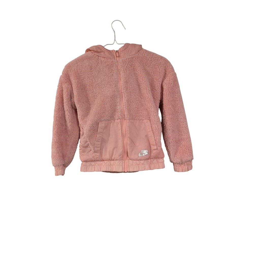 Nike Sherpa Fleece Hoodie Girls Size Small Pink Full Zip Mixed Media Jacket